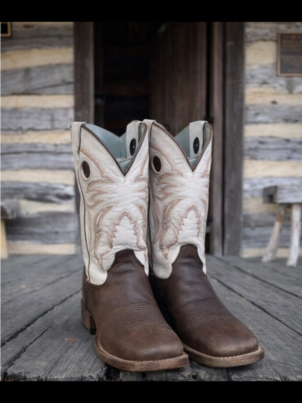 Brown Leather Cowboy Boots with White Embroidered Shaft